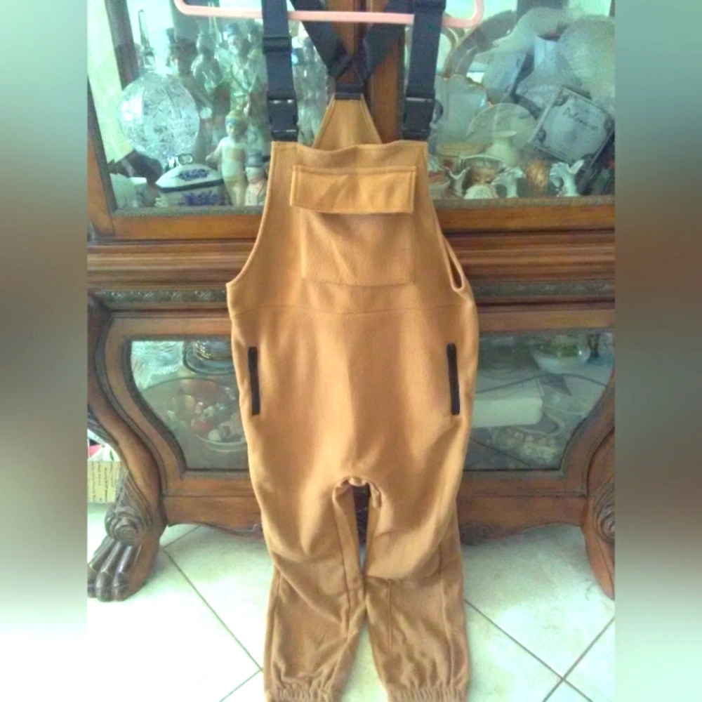 BNWOT UNIQUE FUN OVERALLS BROWN DROOPY VELOUR FEEL SZ. MED ZIPPER POCKETS